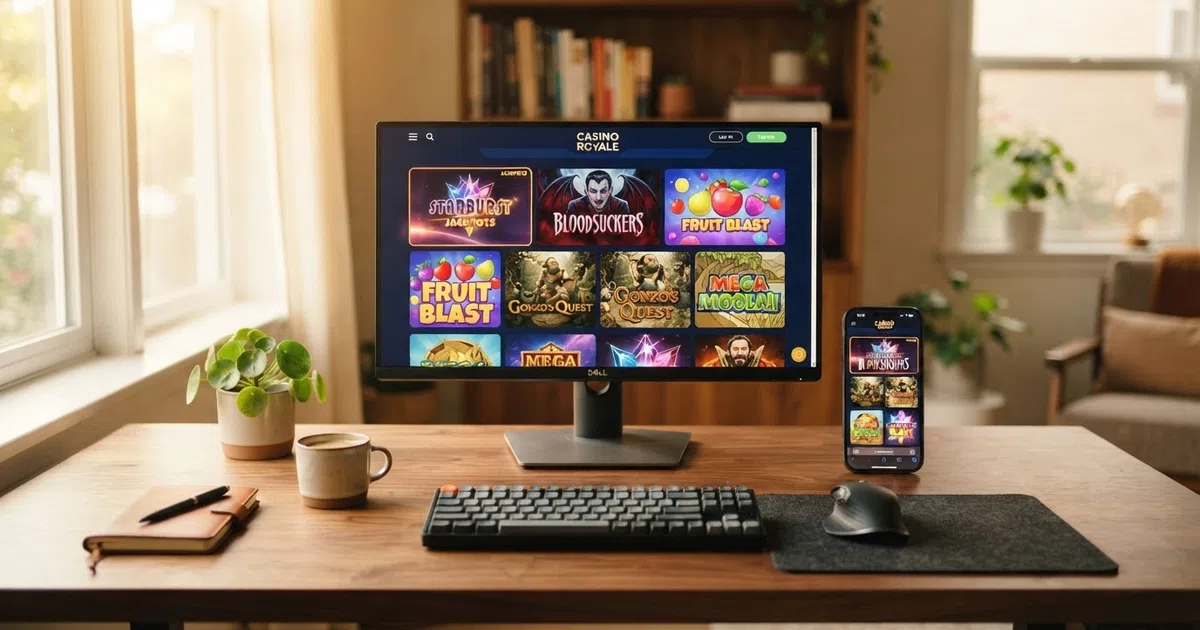 A desktop monitor and smartphone side by side, each displaying a grid of NetEnt slot game tiles including Starburst, Gonzo's Quest, and Dead or Alive 2