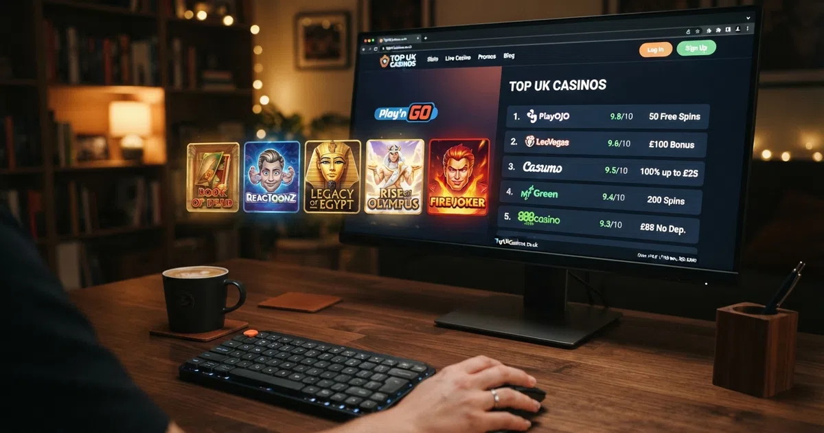 A desktop casino lobby showing a row of Play'n GO slot game tiles with a rankings list beside it