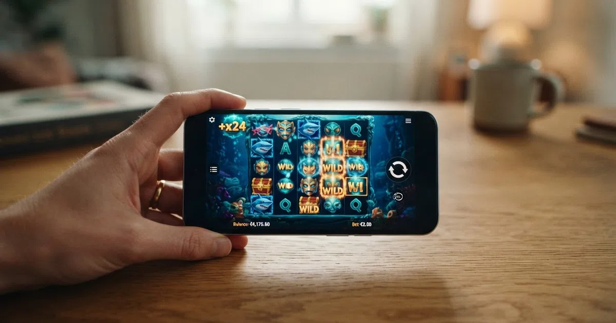 A smartphone held in one hand showing a bright Push Gaming slot grid with a spin button