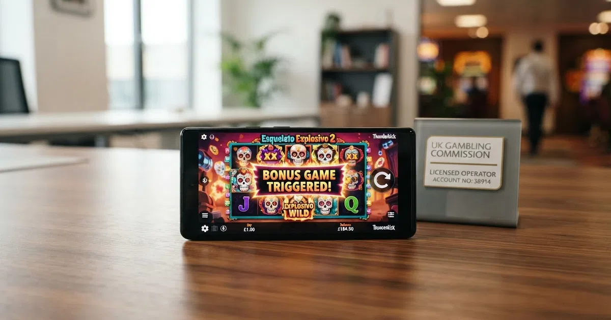 A grid of Thunderkick slot-title artwork arranged around a UKGC licence badge, with casino-brand colours in the background