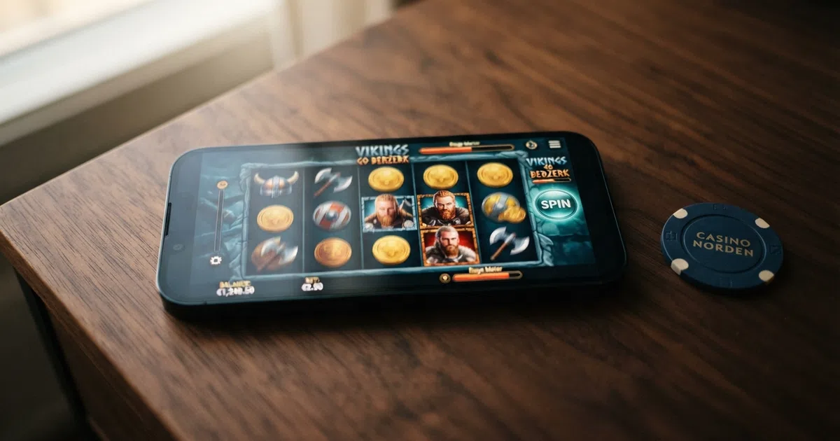 A colourful Yggdrasil video slot reels mid-spin, Norse-style symbols visible on screen