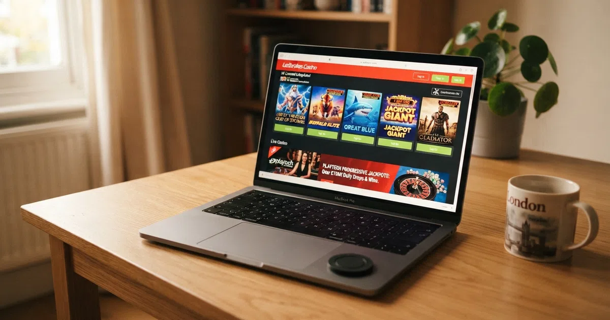 A desktop browser showing a UK-licensed online casino lobby with Playtech slot thumbnails, a live-dealer table preview, and a prominent Age of the Gods progressive jackpot banner