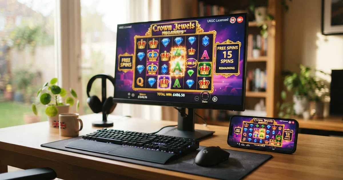 A grid of Pragmatic Play slot reels on a desktop monitor beside a mobile phone screen, with the UK Gambling Commission logo visible in the corner