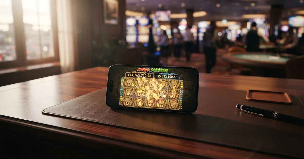 A row of colourful progressive jackpot slot reels on screen, with a growing jackpot total displayed above the grid in gold digits