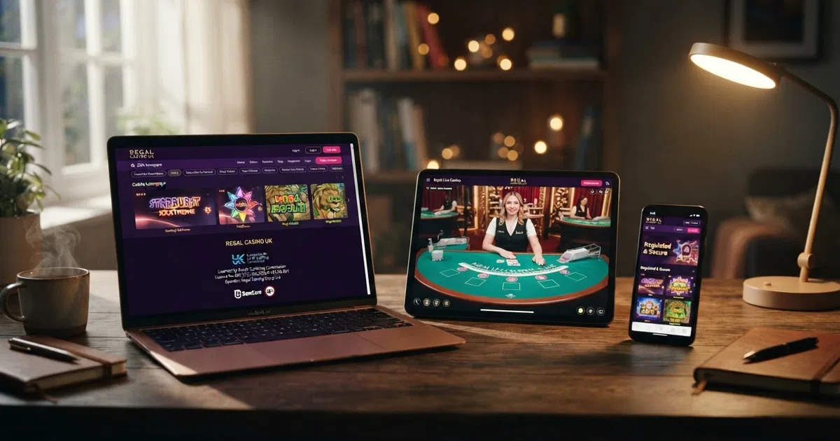 A grid of UKGC-licensed online casino homepages on a laptop, tablet and phone screen, with a UK Gambling Commission logo visible on one of the site footers