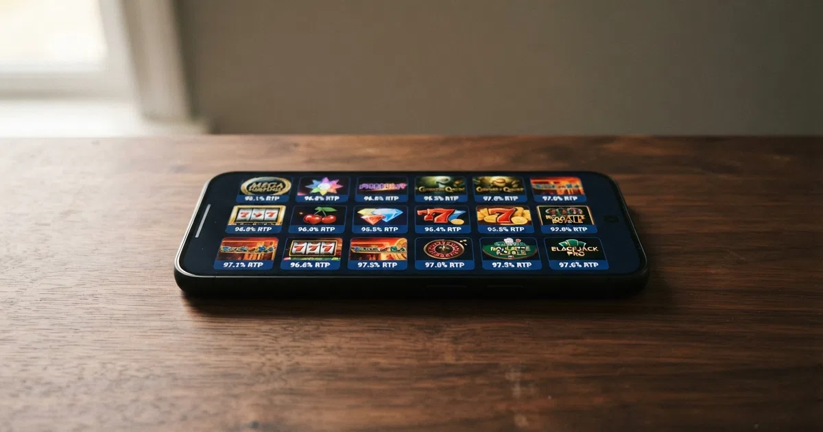 A grid of high-RTP online slot game tiles on a screen, with their return-to-player percentages displayed prominently on each tile