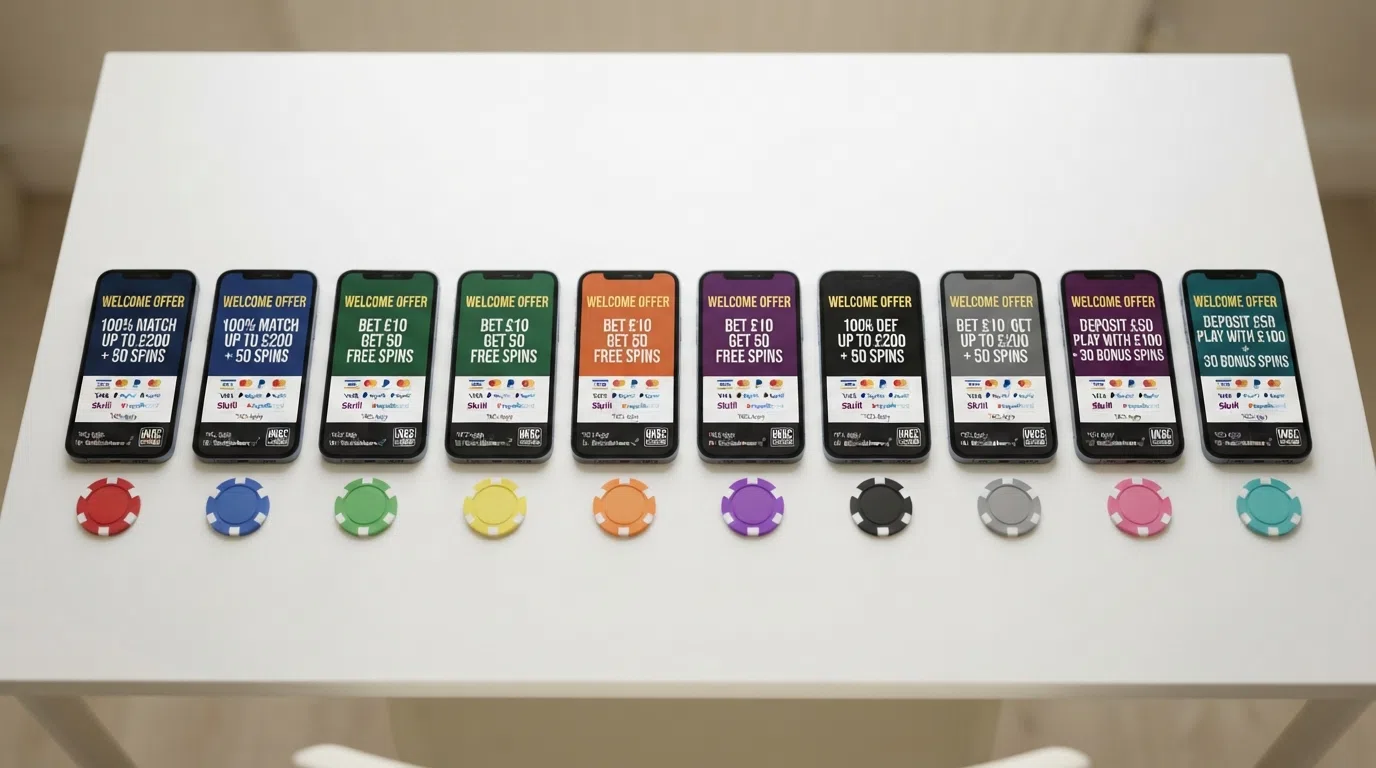 A side-by-side visual summary of the ten featured operators showing their welcome offer type, free-spin count and accepted payment methods, with a UKGC licence badge prominent on each