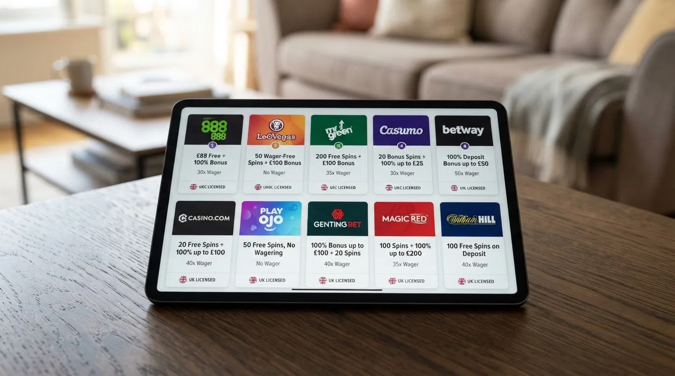 A side-by-side grid of ten UK-licensed casino welcome-offer cards arranged as a comparison view on an iPad screen, with free-spin counts and wagering figures visible
