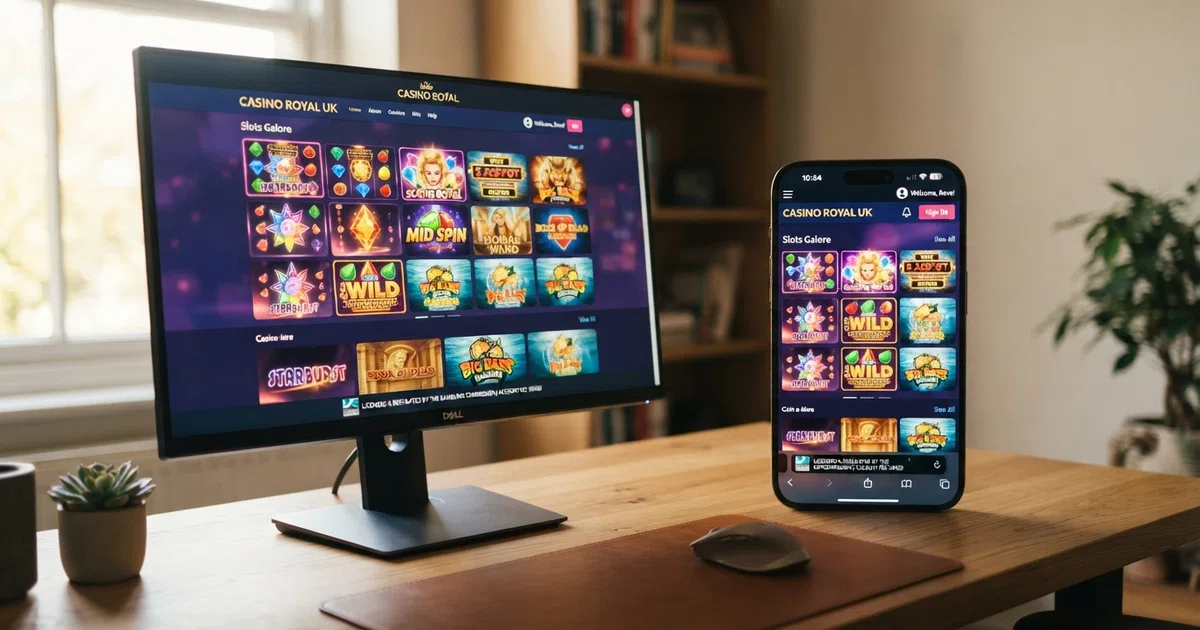 A brightly lit grid of video slot reels on a desktop and mobile screen side by side, showing a UK-licensed casino lobby with the GB Gambling Commission logo visible in the footer