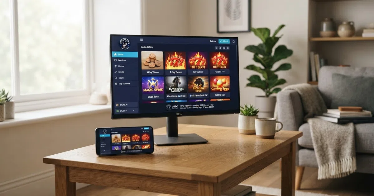 A desktop screen and a mobile phone side by side, each displaying the lobby of a UK-licensed casino with Wazdan slot tiles including 9 Coins and Hot Slot 777 visible in the game grid.