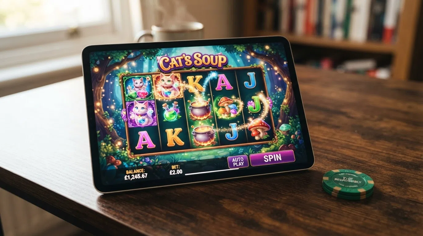 The Cat's Soup slot reel set in gameplay view, showing its enchanted-forest visual theme, medium-volatility symbol layout and the 98.06% RTP figure overlaid