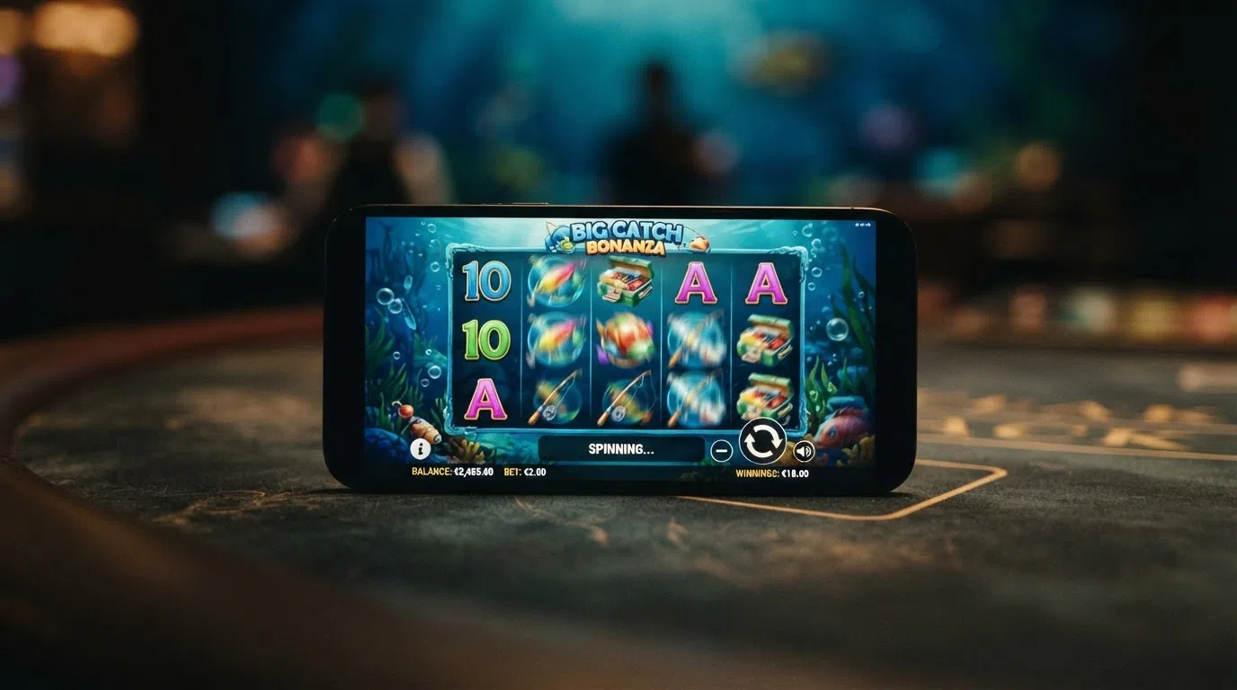 A smartphone displaying the Big Bass Splash slot reels mid-spin, with the game's underwater fishing theme visible on screen