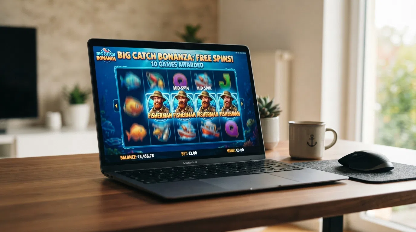 The Big Bass Splash slot reels on a laptop screen, showing the fisherman scatter symbol and the free-spins bonus round trigger