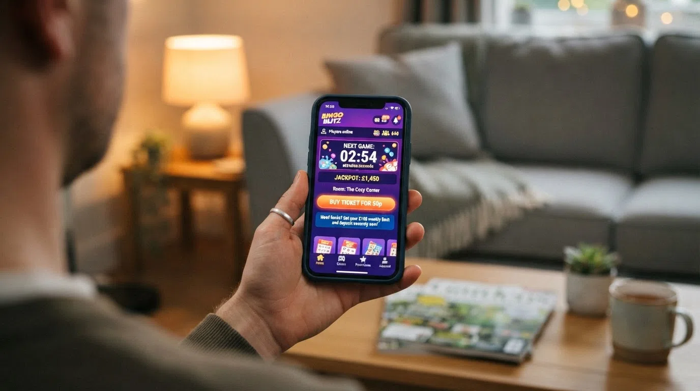 A smartphone held in landscape mode showing a bingo casino app homepage with a scheduled bingo session countdown, a ticket-buy button and a deposit-limit prompt visible