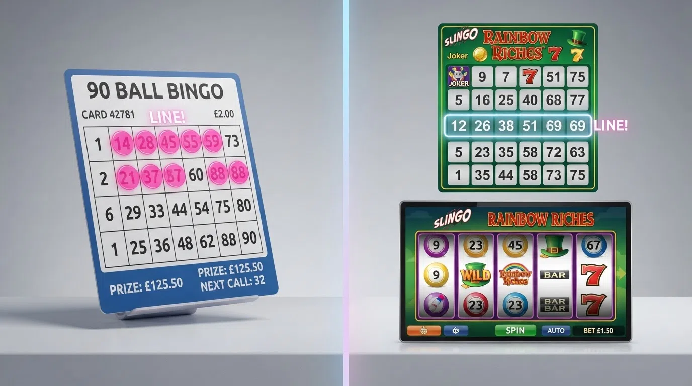 A split-screen view of a 90-ball bingo ticket card on one side and a Slingo Rainbow Riches grid on the other, with slot reels visible at the bottom