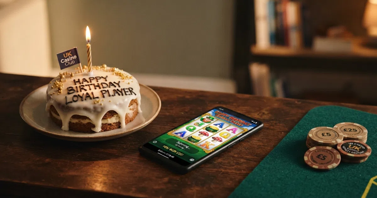 A birthday cake with a lit candle beside playing cards, casino chips and a smartphone showing a slots game