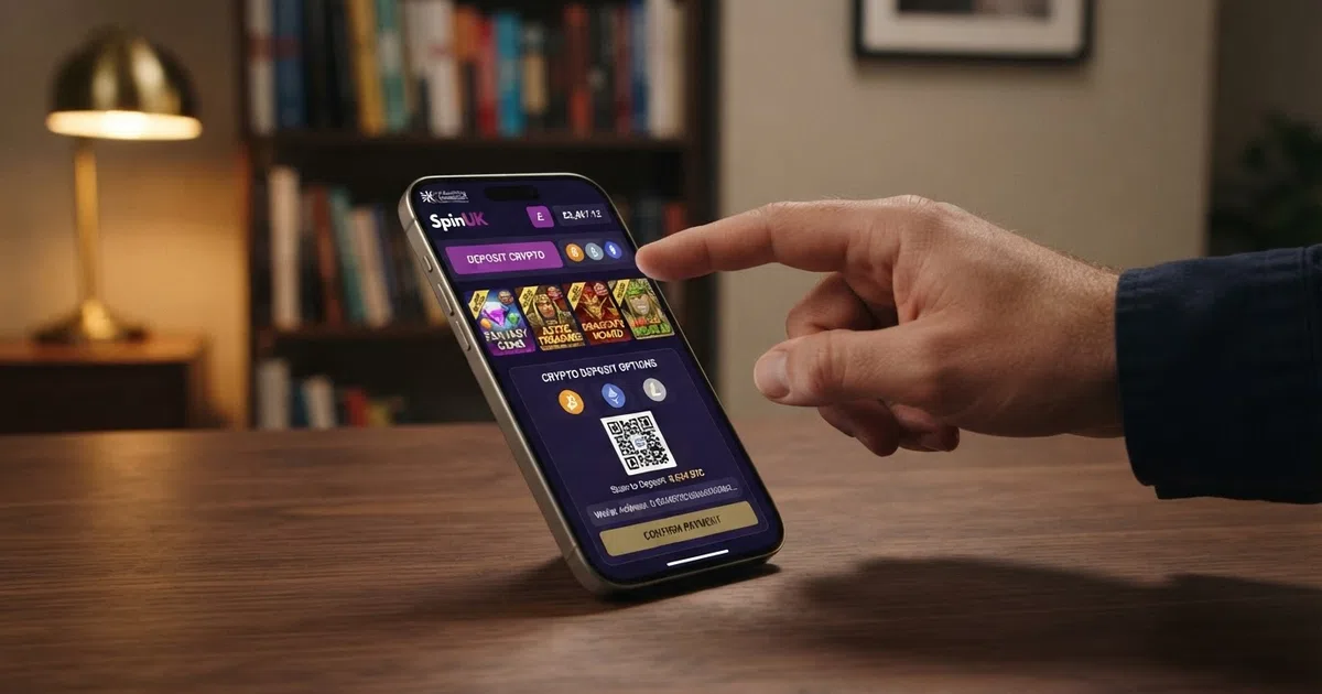A smartphone screen showing a Bitcoin Cash casino lobby with a BCH deposit button, slot game thumbnails and a cryptocurrency wallet QR code