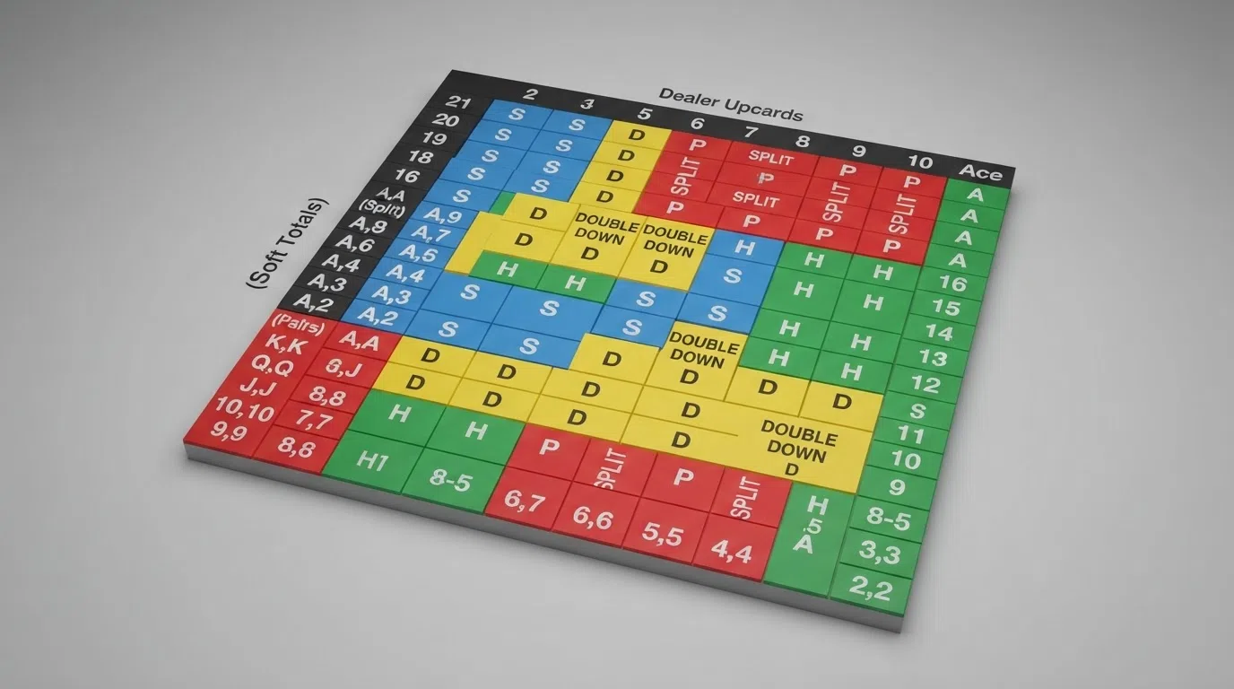 A colour-coded basic strategy grid showing player-hand rows against dealer-upcard columns, with hit/stand/split/double decisions in each cell