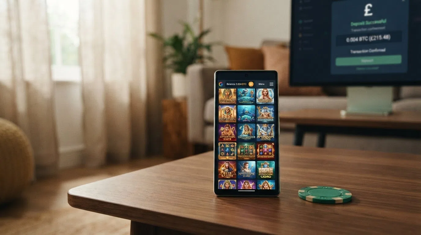A grid of slot game thumbnails from providers including Pragmatic Play, Hacksaw Gaming and Nolimit City, overlaid with a BNB deposit confirmation screen