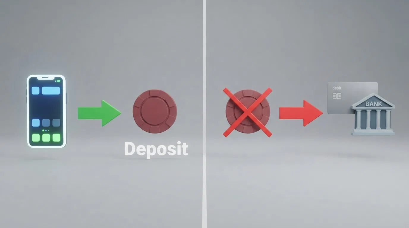 A diagram showing the one-way Boku deposit flow (phone → casino) with a red cross through the reverse direction, and a debit card and bank icon representing the withdrawal path