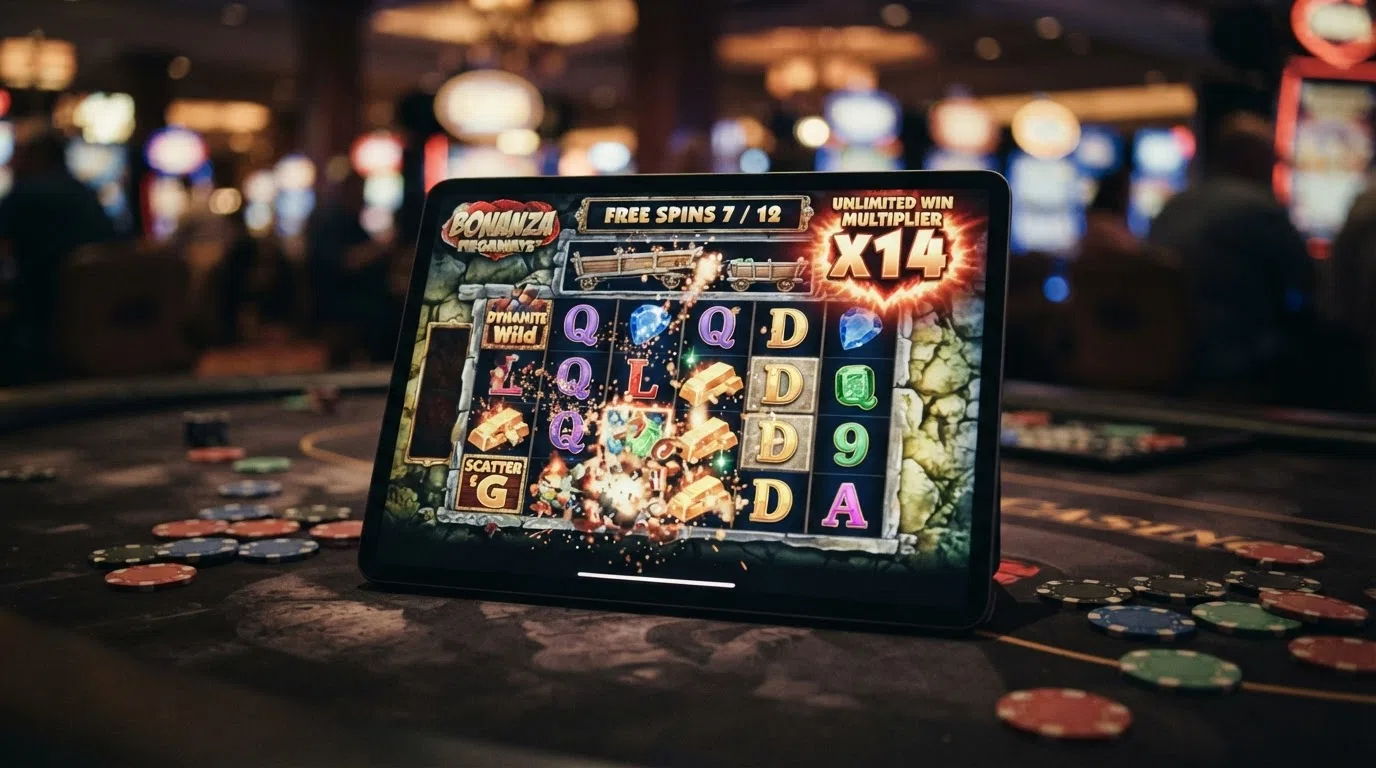 The Bonanza Megaways six-reel game grid during a free-spins round with the unlimited-win-multiplier badge visible above the reels