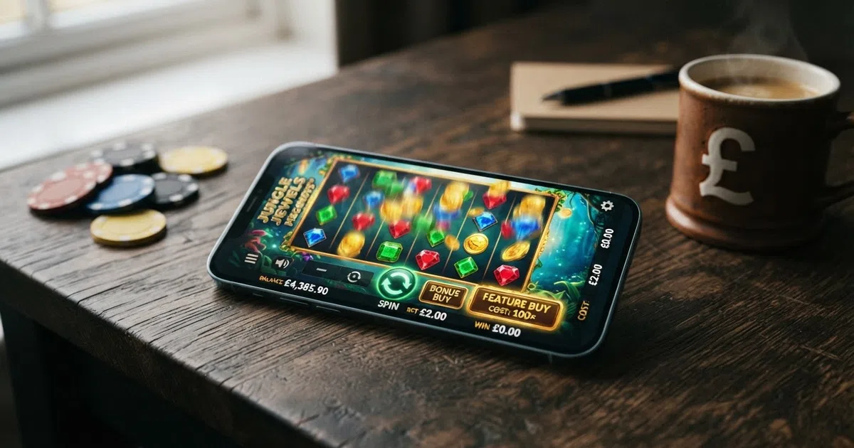 A row of online slot reels with a highlighted bonus buy button showing a cost multiple next to the spin button