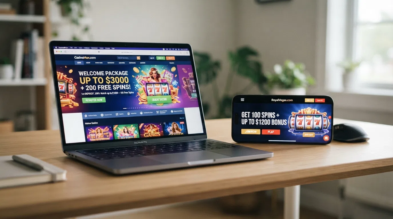 A desktop and smartphone screen side by side, each displaying a different online casino welcome-offer banner with percentage-match figures and free-spin counts