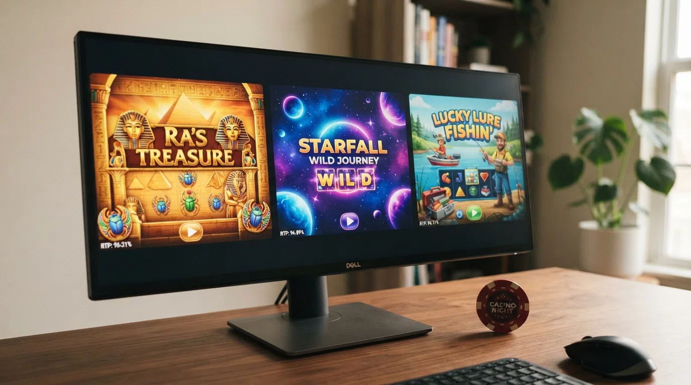The title screens of Book of Dead, Starburst and Big Bass Bonanza displayed next to each other on a desktop monitor, with their RTP percentages overlaid