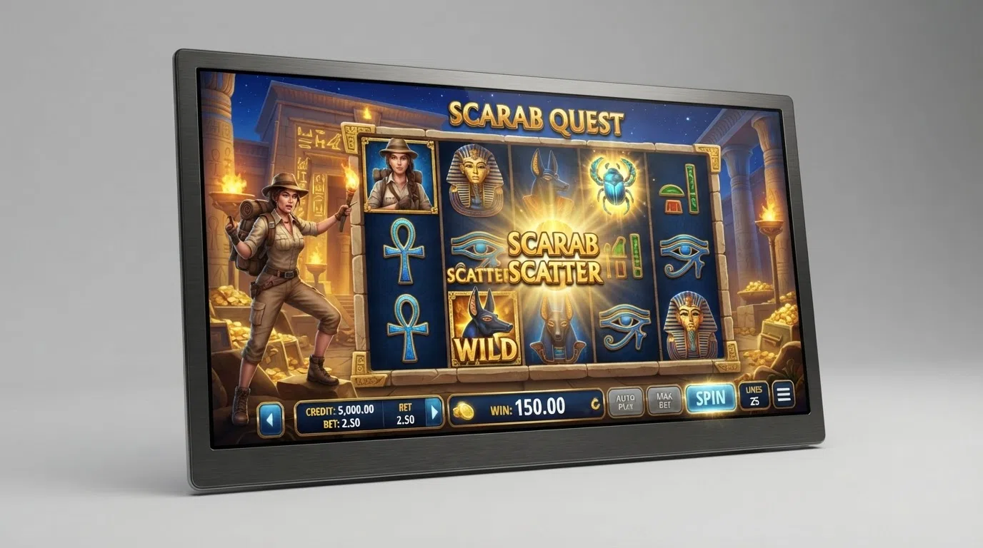 The Book of Ra Deluxe slot game screen showing the five reels, the explorer character and the Book symbol against an ancient-Egypt backdrop