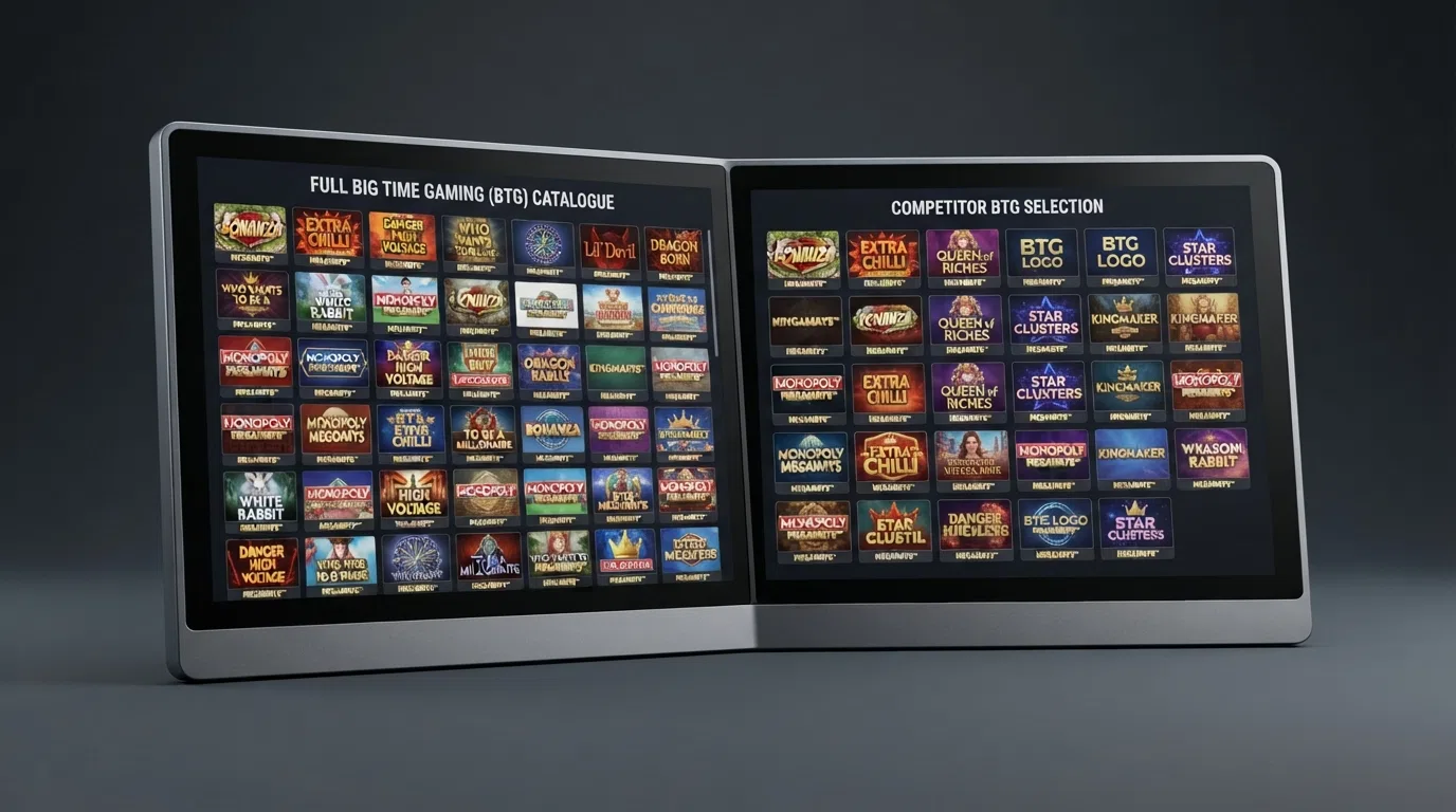 A split-screen display showing two UK casino lobbies side by side with Big Time Gaming slot thumbnails highlighted in each