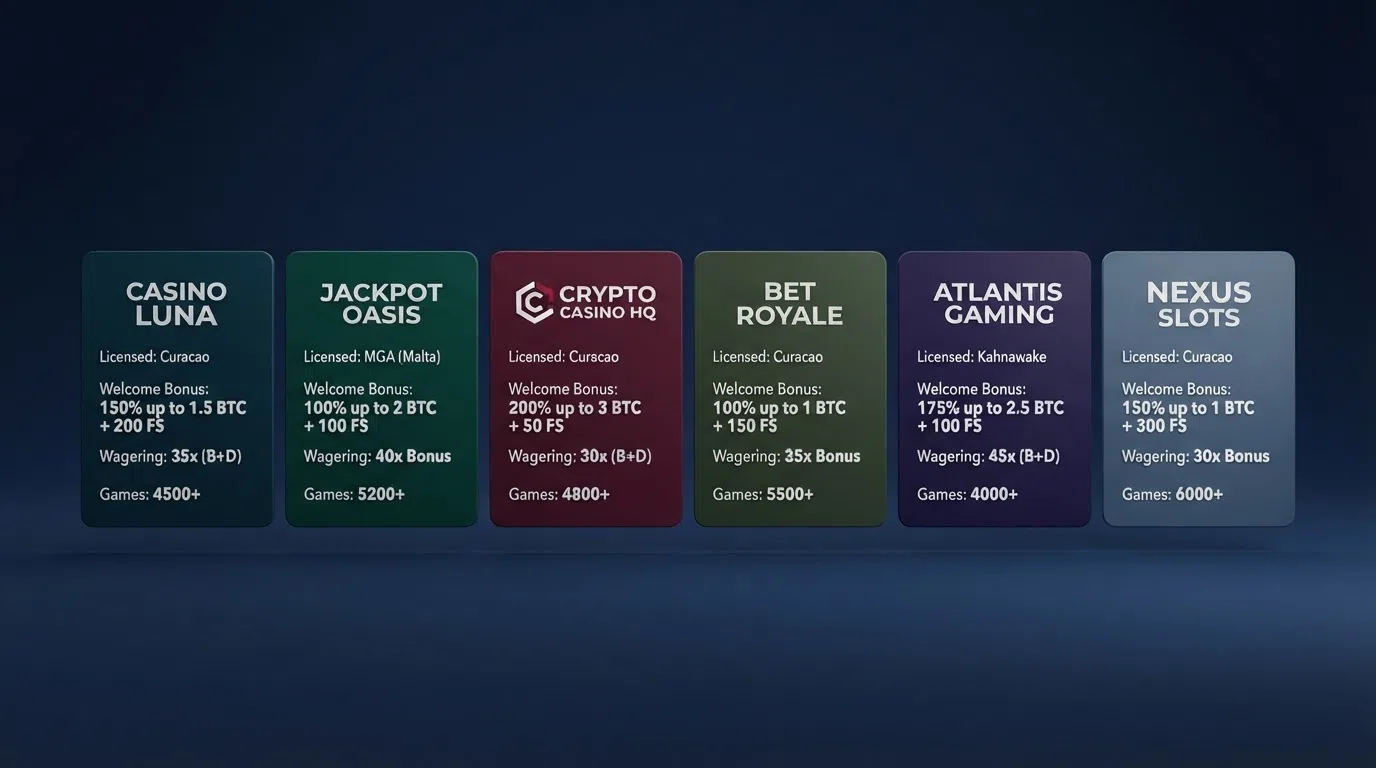 A ranked row of casino name cards with licence and bonus figures
