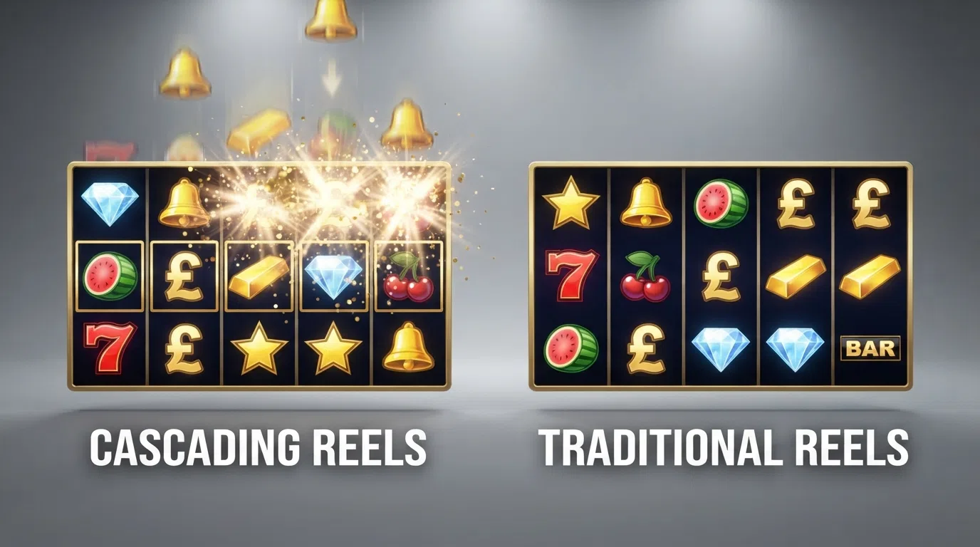 A side-by-side diagram comparing a cascading reel grid showing multiple symbol drops from one spin against a traditional fixed-reel slot showing a single stop per spin