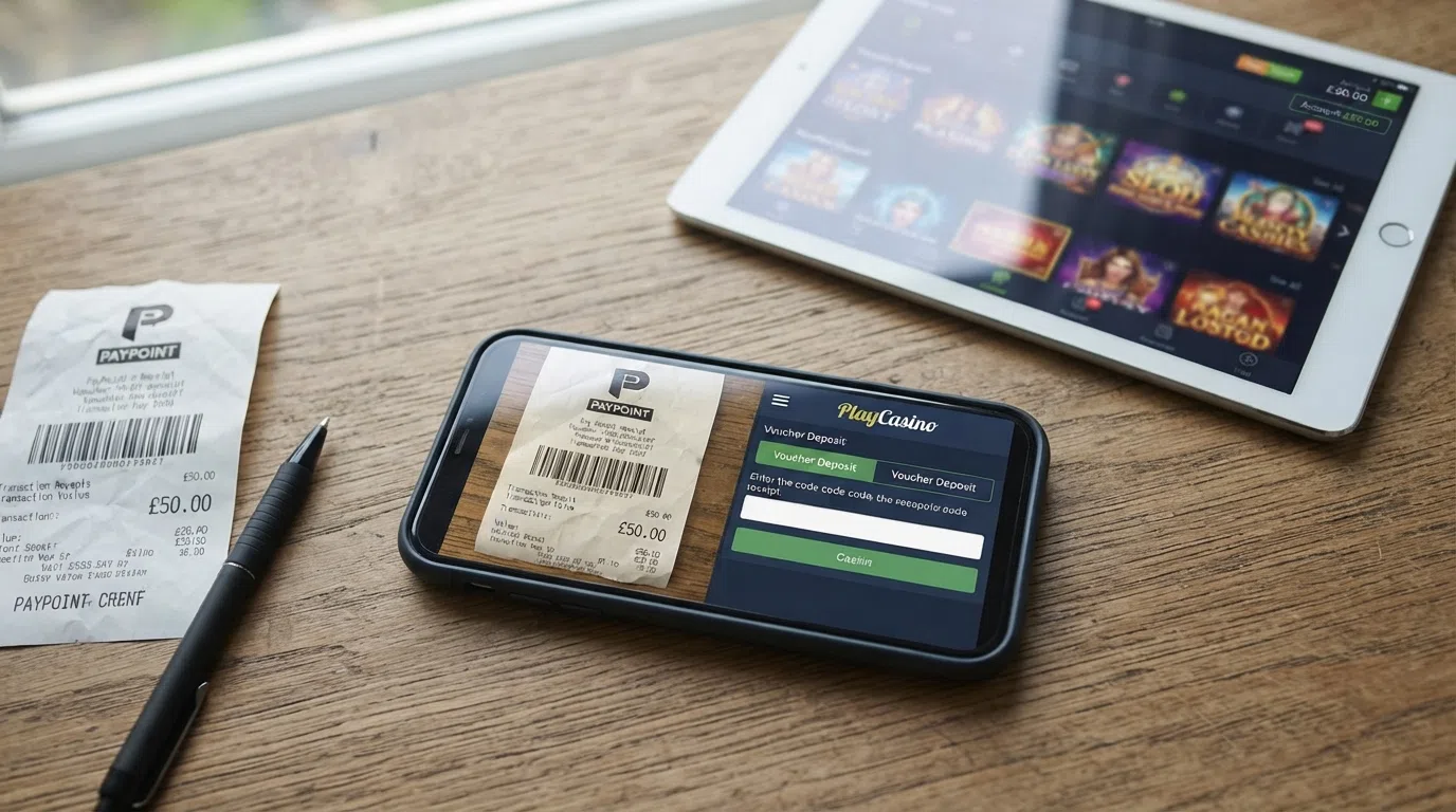 A close-up of a CashtoCode barcode receipt next to a smartphone showing a casino deposit screen with the CashtoCode option highlighted