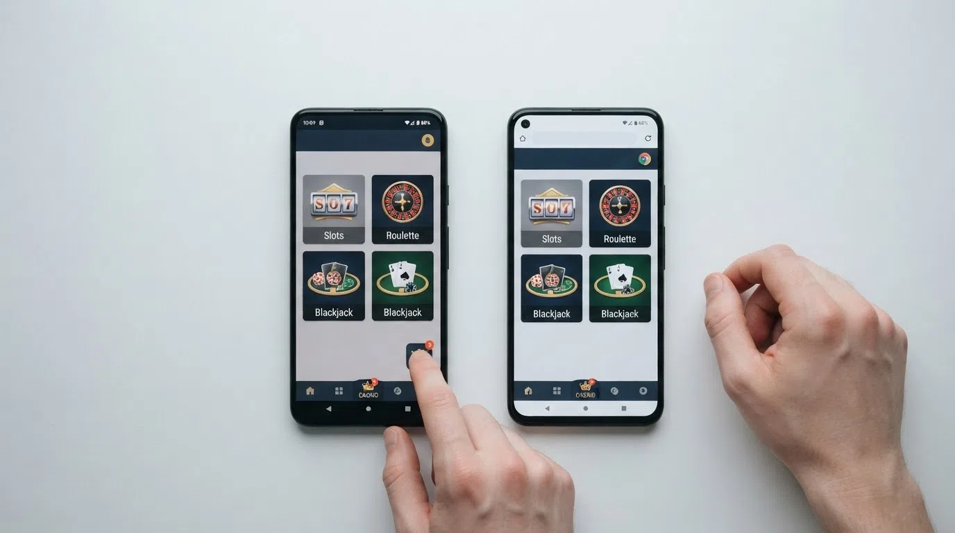 Two Android phone screens side by side — the left showing a native casino app home screen with a push-notification badge, the right showing the same casino loaded in Chrome