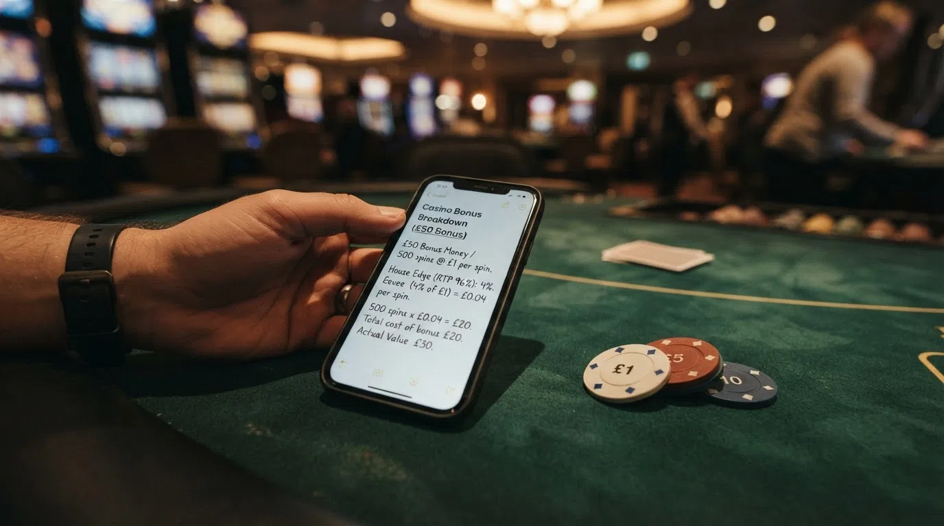 A calculator-style illustration showing a £50 casino bonus broken into its real cost: a £500 turnover requirement at 10× wagering, with a spin-by-spin breakdown of how the house edge erodes the balance across 500 spins at £1 each