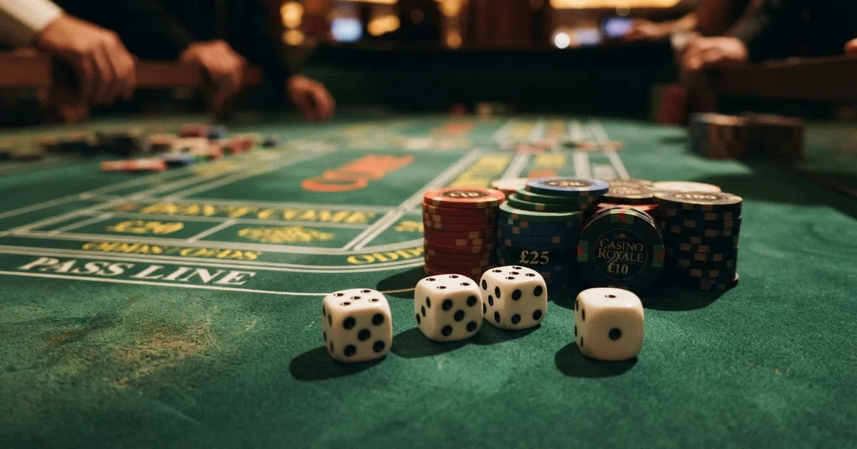 Three white dice with black dots resting on a green felt casino table surface, a stack of coloured casino chips in the background and the corner of a Craps layout visible