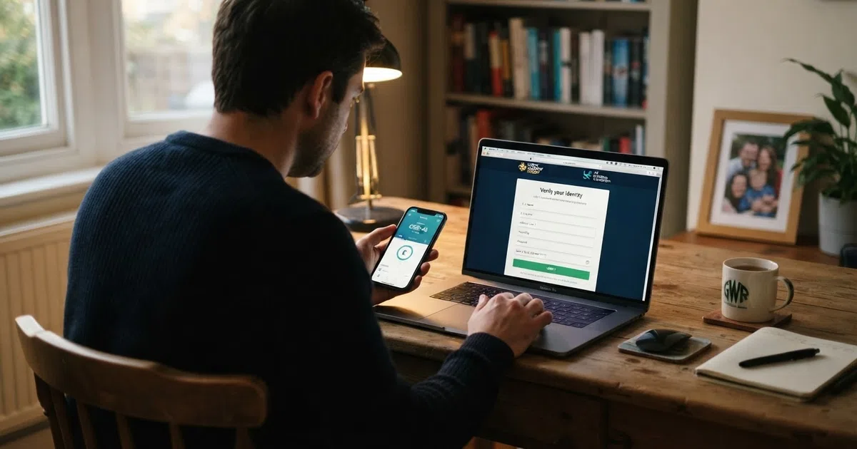 A UK player looking at an online casino registration screen with an identity verification prompt displayed on a laptop