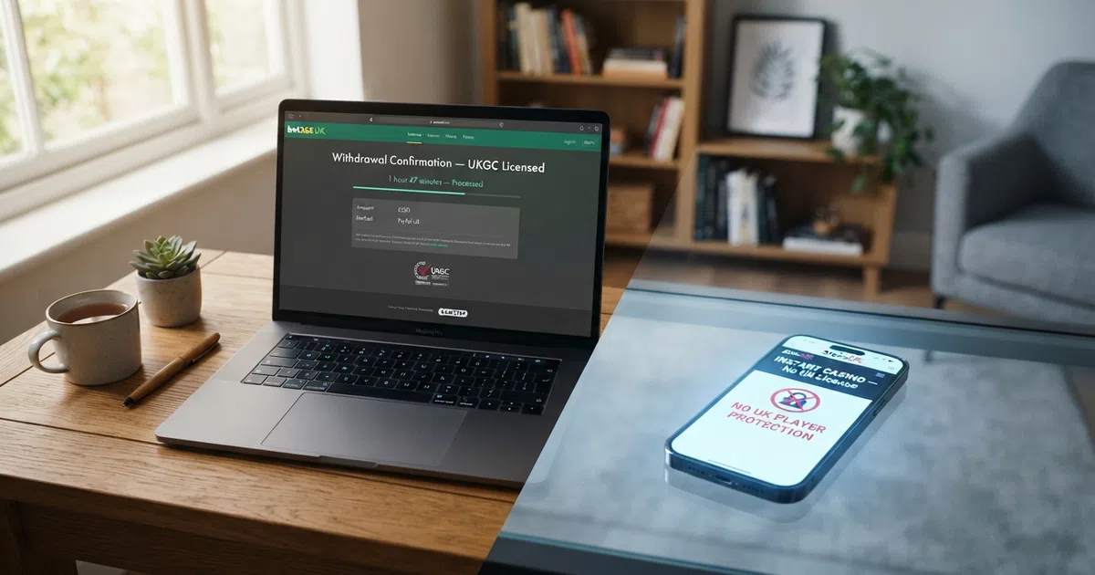 A split-frame visual: the left side shows a UKGC-licensed casino withdrawal screen with a timer reading “1 hour 47 minutes — processed,” the right side shows a non-GamStop casino landing page with a crossed-out padlock icon and the words “no UK player protection”