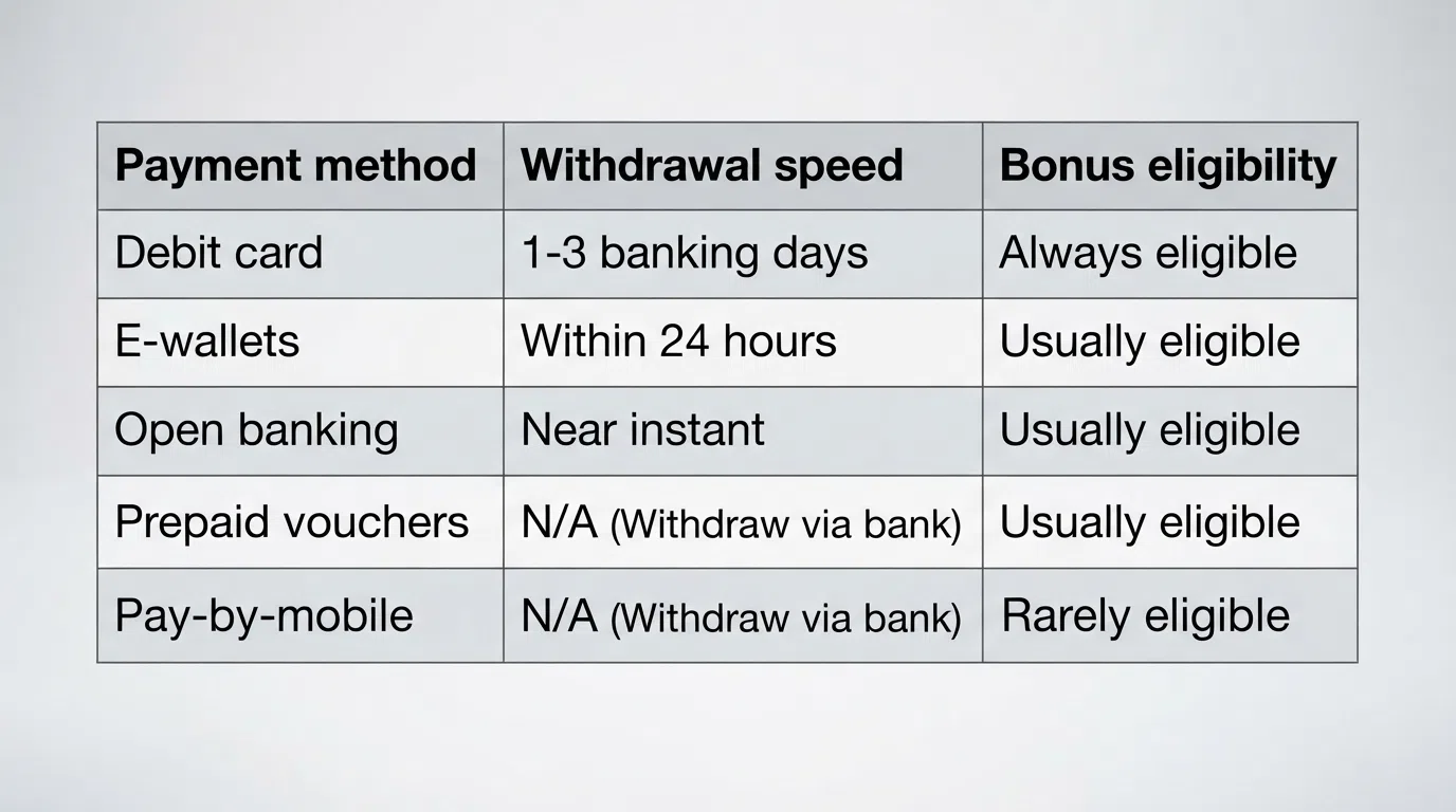 A comparison table ranking ten UK casino operators by payment methods accepted, withdrawal speed and bonus eligibility