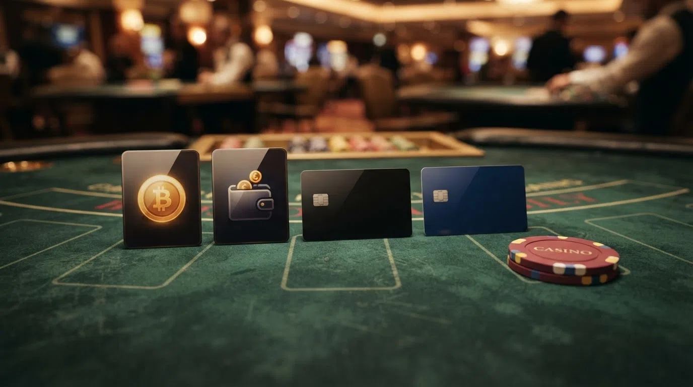 A selection of casino payment-method icons — Bitcoin, Ethereum, Skrill, Neteller, Visa and Mastercard — arranged on a dark casino-themed background