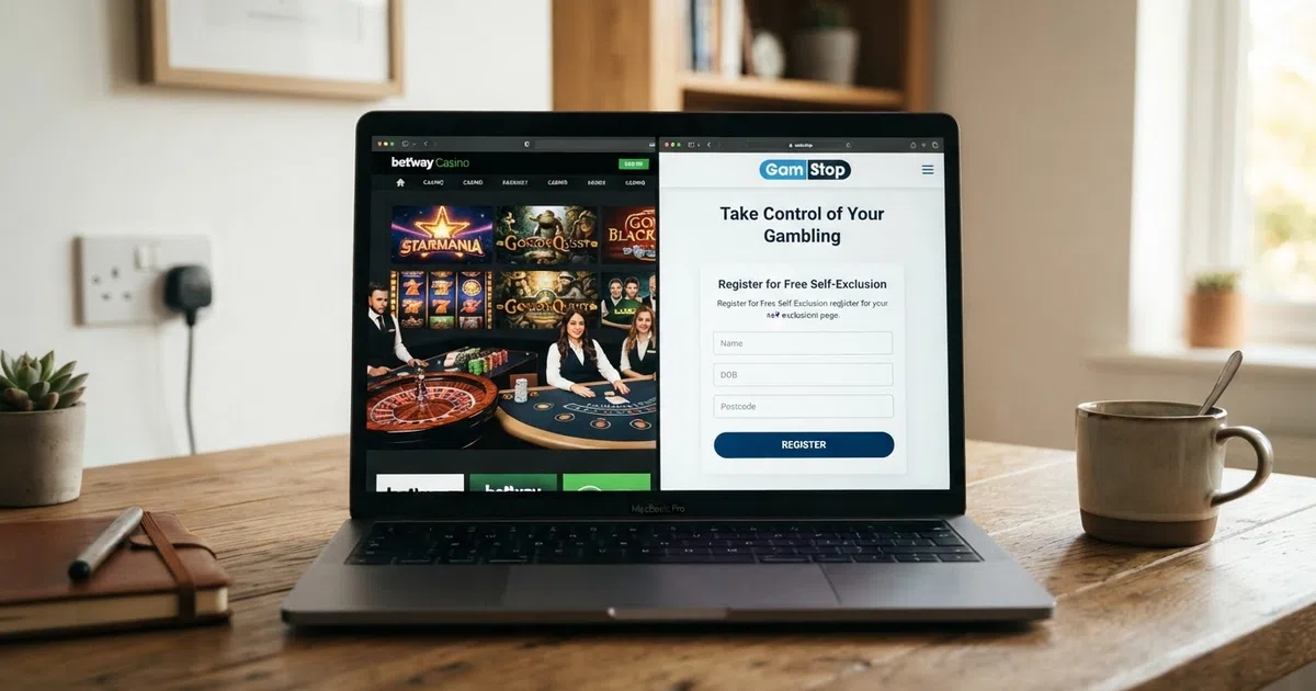 A laptop screen split between a colourful casino lobby on the left and the GamStop self-exclusion registration page on the right, with a UK plug socket visible on the wall behind