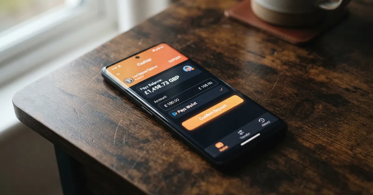 A smartphone screen showing the Payz app wallet interface next to the cashier page of a UK online casino, with a GBP balance visible