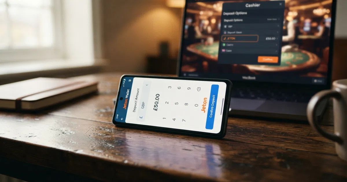 A Jeton wallet app interface on a smartphone screen beside a casino lobby showing the Jeton deposit option highlighted in the cashier