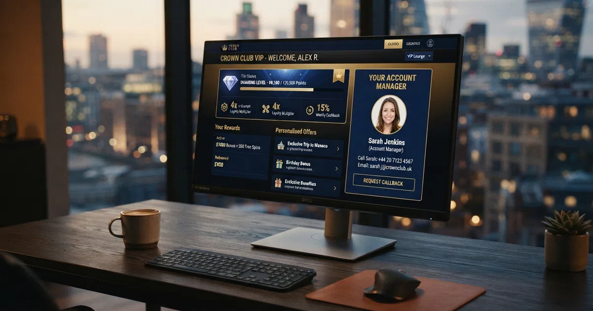 A UK-licensed online casino VIP lounge interface showing tier progression, account manager contact and personalised rewards dashboard on a desktop screen.