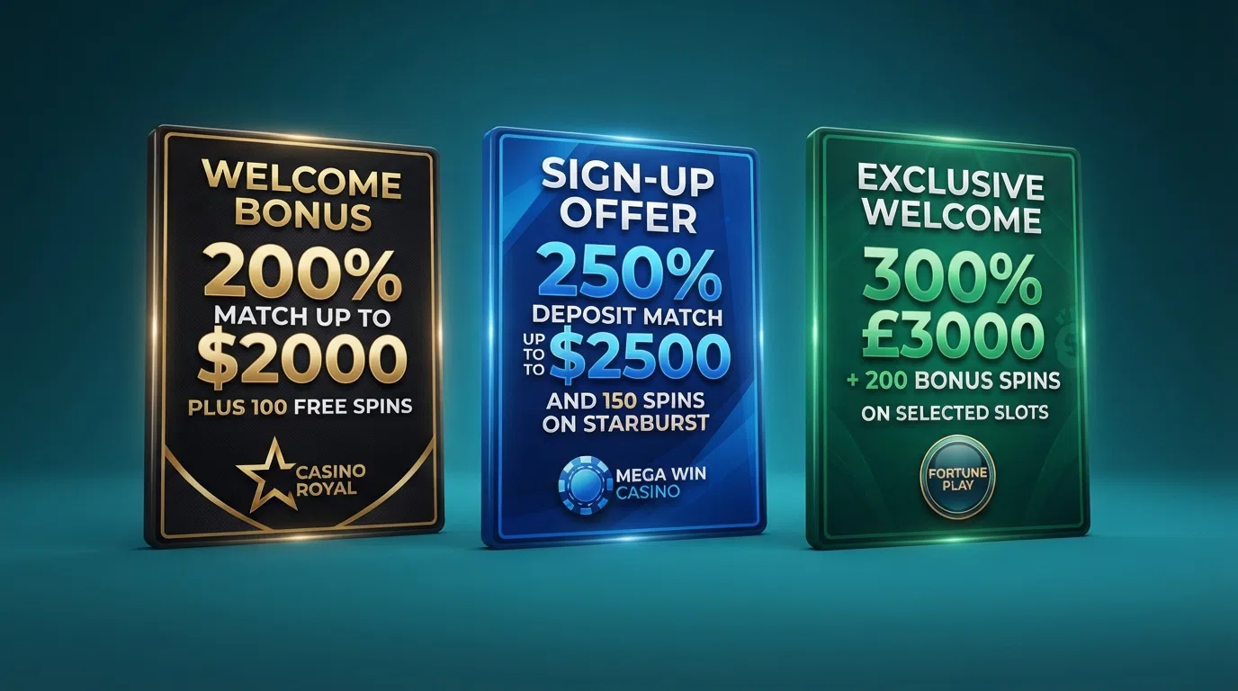 A side-by-side view of welcome bonus banners from several offshore USA casinos, showing match percentages and free-spin counts