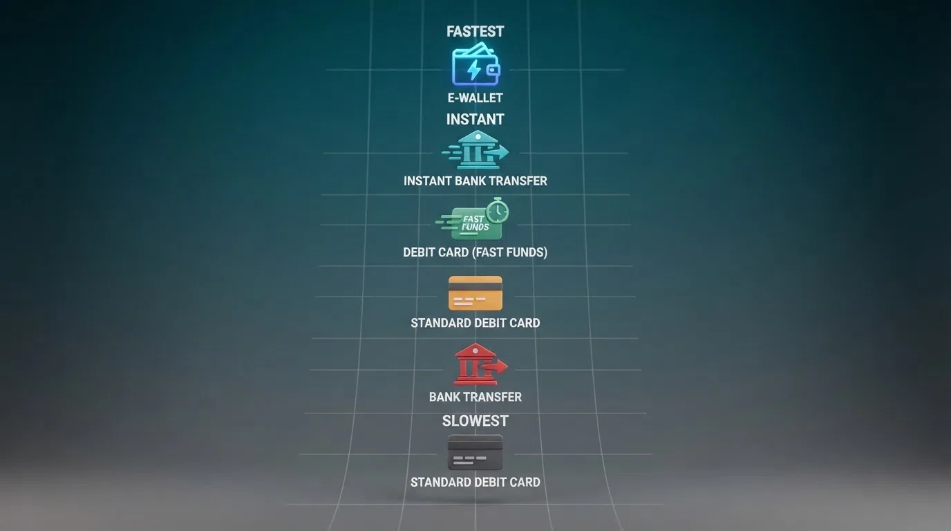 Visual ranking of payment method speeds: PayPal, Skrill, Trustly, Visa Fast Funds, debit card, and bank transfer.