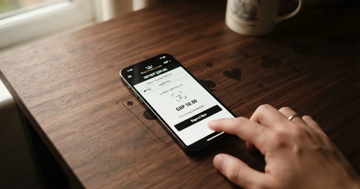 A smartphone screen showing the Apple Pay payment sheet with a casino logo and a deposit amount, held in one hand against a dark background with subtle playing-card iconography