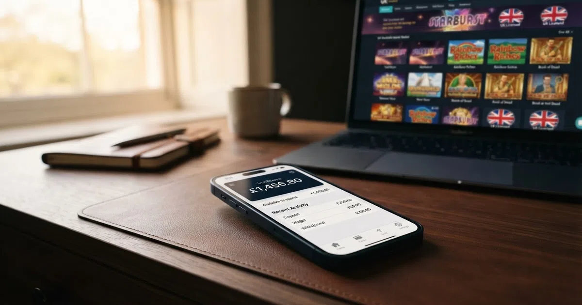 A digital wallet interface on a smartphone screen showing an AstroPay balance next to a UK casino lobby in the background