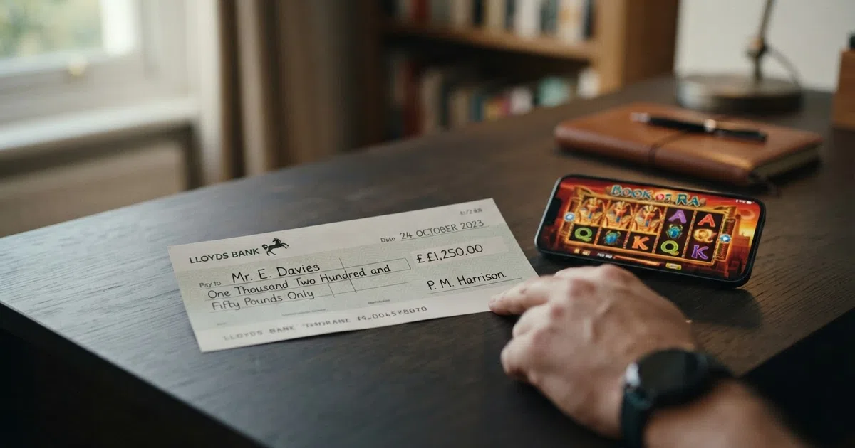 A British bank cheque resting on a wooden desk beside a smartphone displaying an online casino lobby