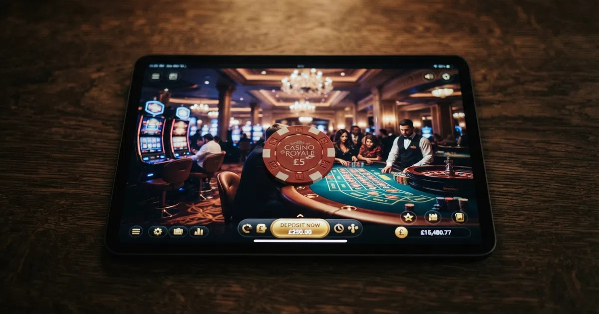 A Bitcoin token resting on a digital tablet screen displaying a casino lobby with slot reels and a deposit interface, set against a muted dark background